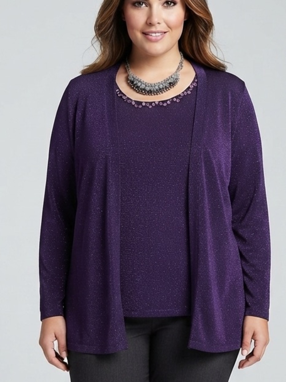 GEORGE Purple Metallic Sparkle Knit Top with Open-Front Cardigan size Large